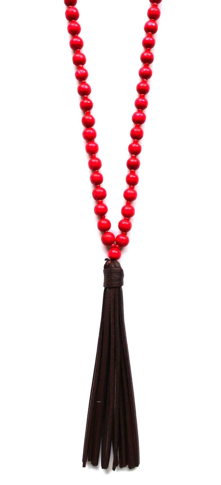 Beaded Leather Tassel Long Necklace- Red