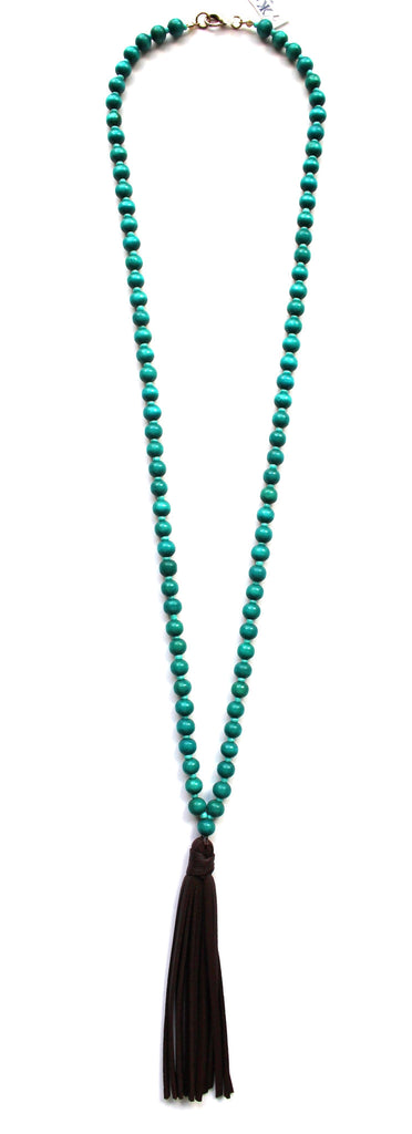 Beaded Leather Tassel Long Necklace- Turquoise