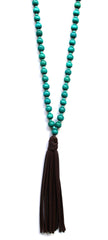 Beaded Leather Tassel Long Necklace- Turquoise