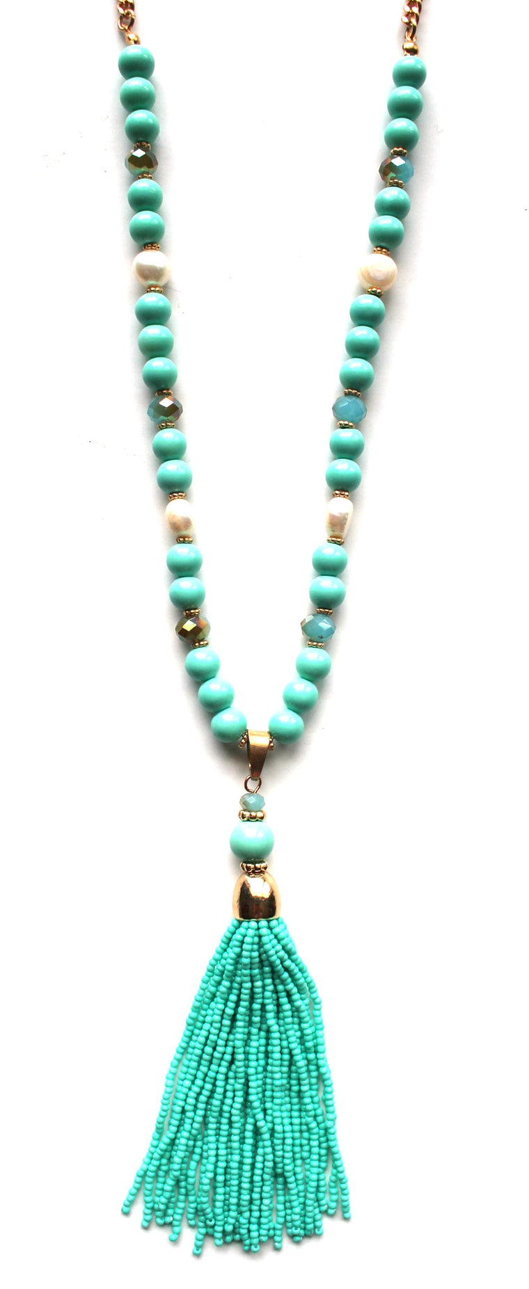 Beaded Pearl Tassel Long Necklace- Mint