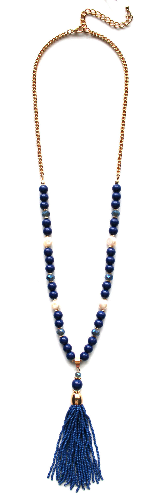 Beaded Pearl Tassel Long Necklace- Navy