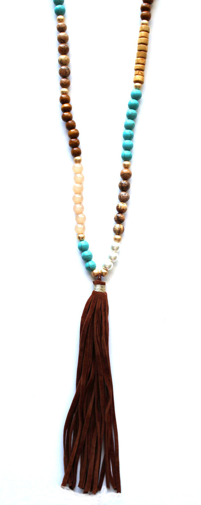 Southern Belle Beaded Velvet Tassel Necklace- Brown