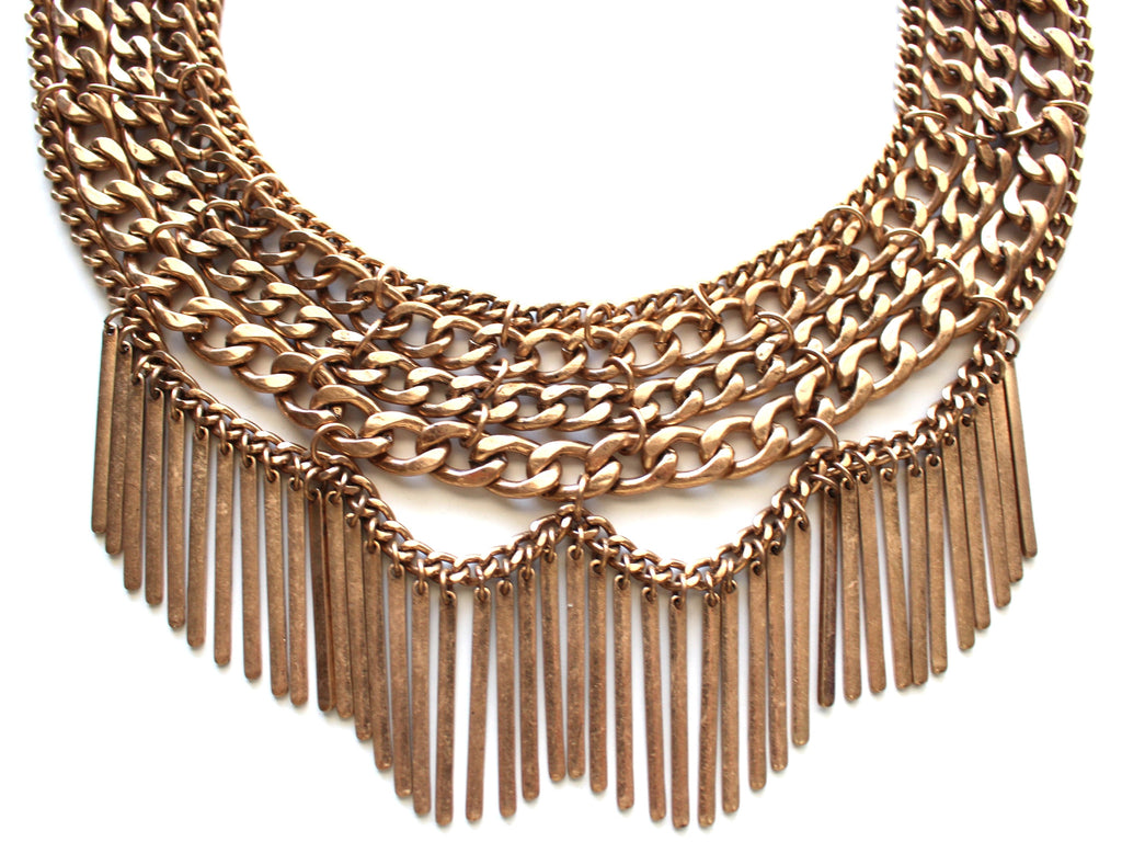 Draped In Metal Fringe Necklace- Antiqued Gold