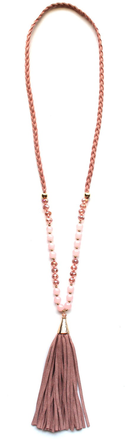 Braided Suede Tassel Necklace- Pink