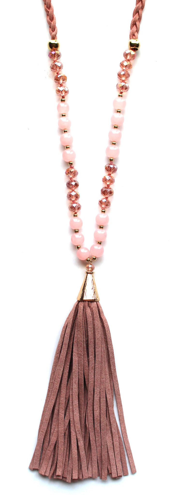 Braided Suede Tassel Necklace- Pink