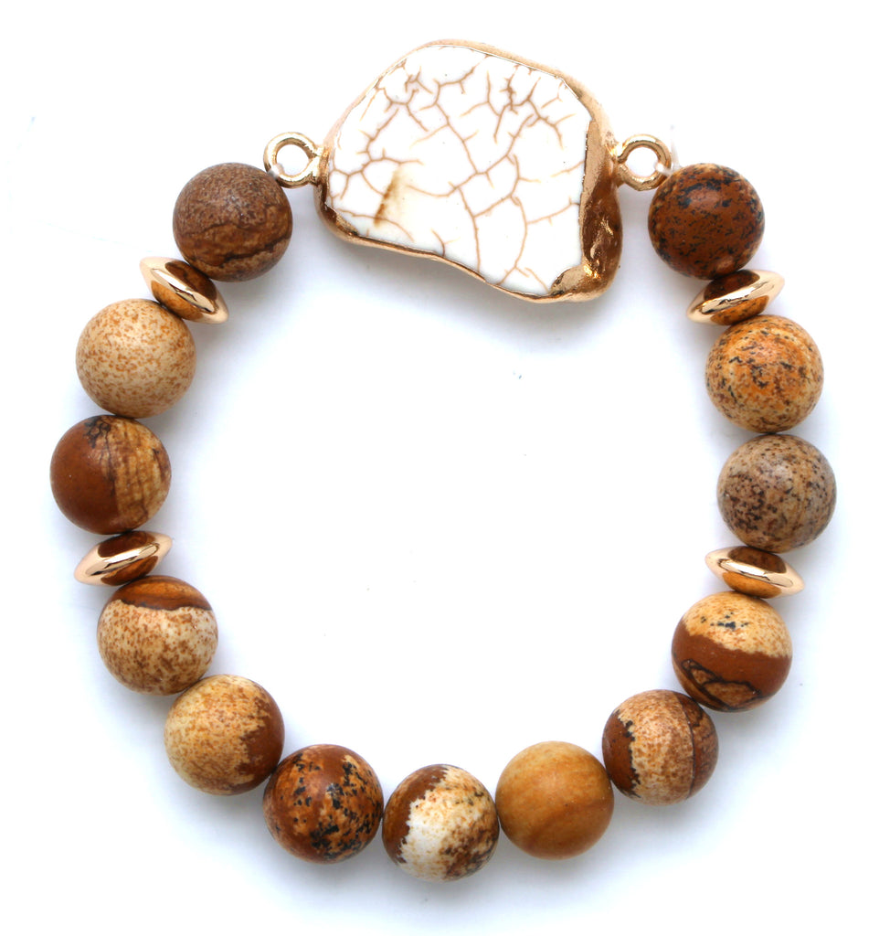 Beaded Stone Stretch Bracelet- Wooden Natural