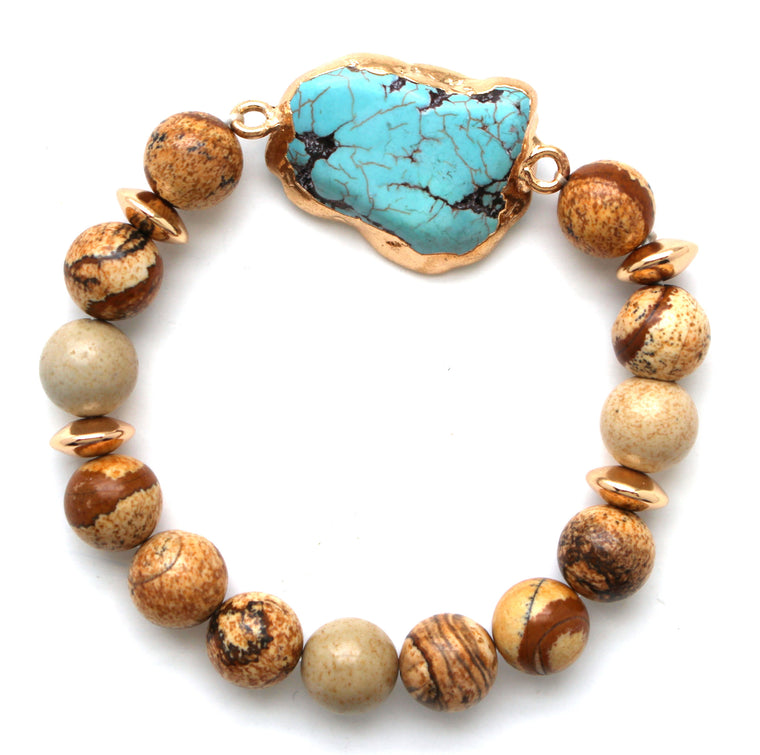 Beaded Stone Stretch Bracelet- Wooden Turquoise
