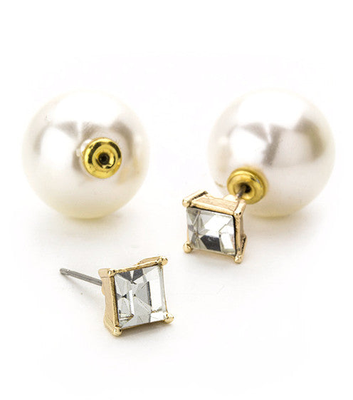 Square Crystal & Pearl Peekaboo Earrings- Gold