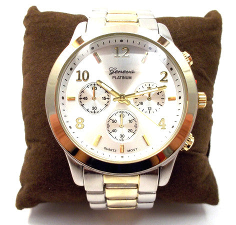Metal Oversized Geneva Platinum Watch- Two Tone