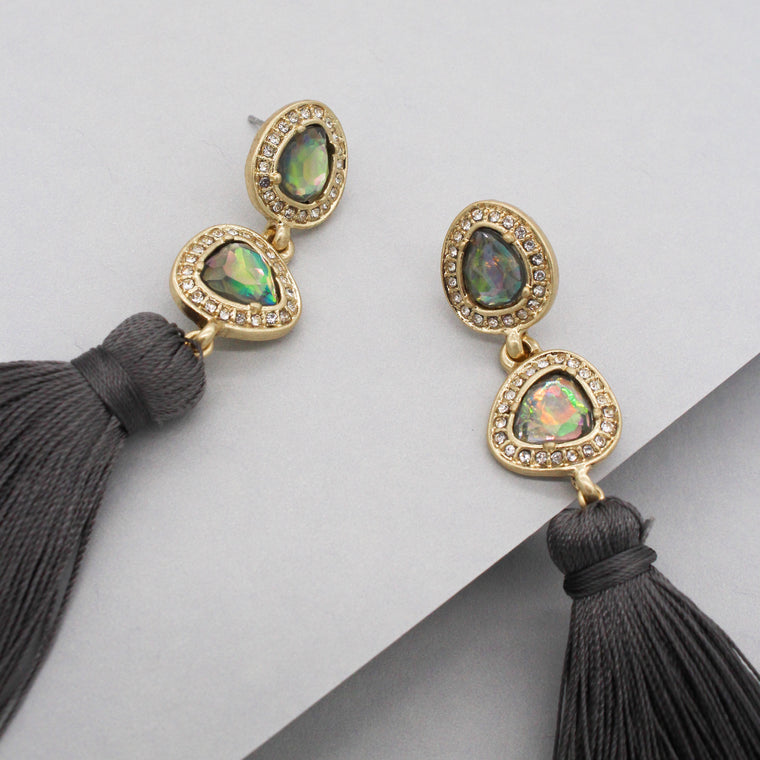 Misty Stone Tassel Earrings- Iridescent/ Grey