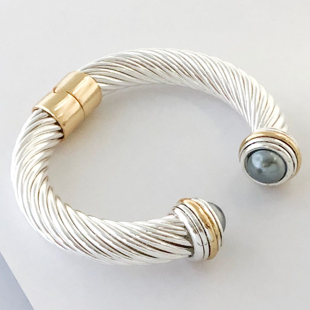 Stack It Up Thick Bracelet Cuff- Grey Pearl Stone