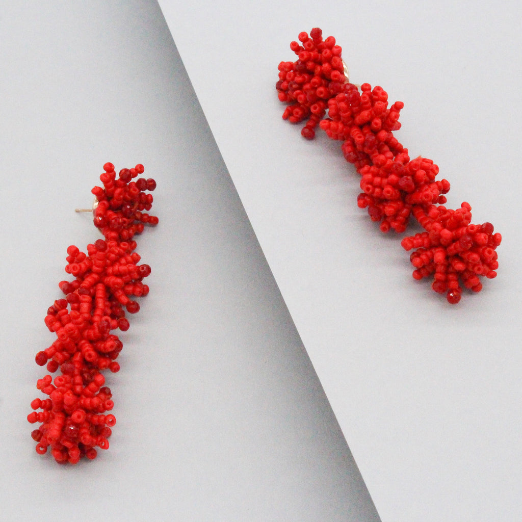 Beatriz Beaded Cluster Drop Earrings- Red