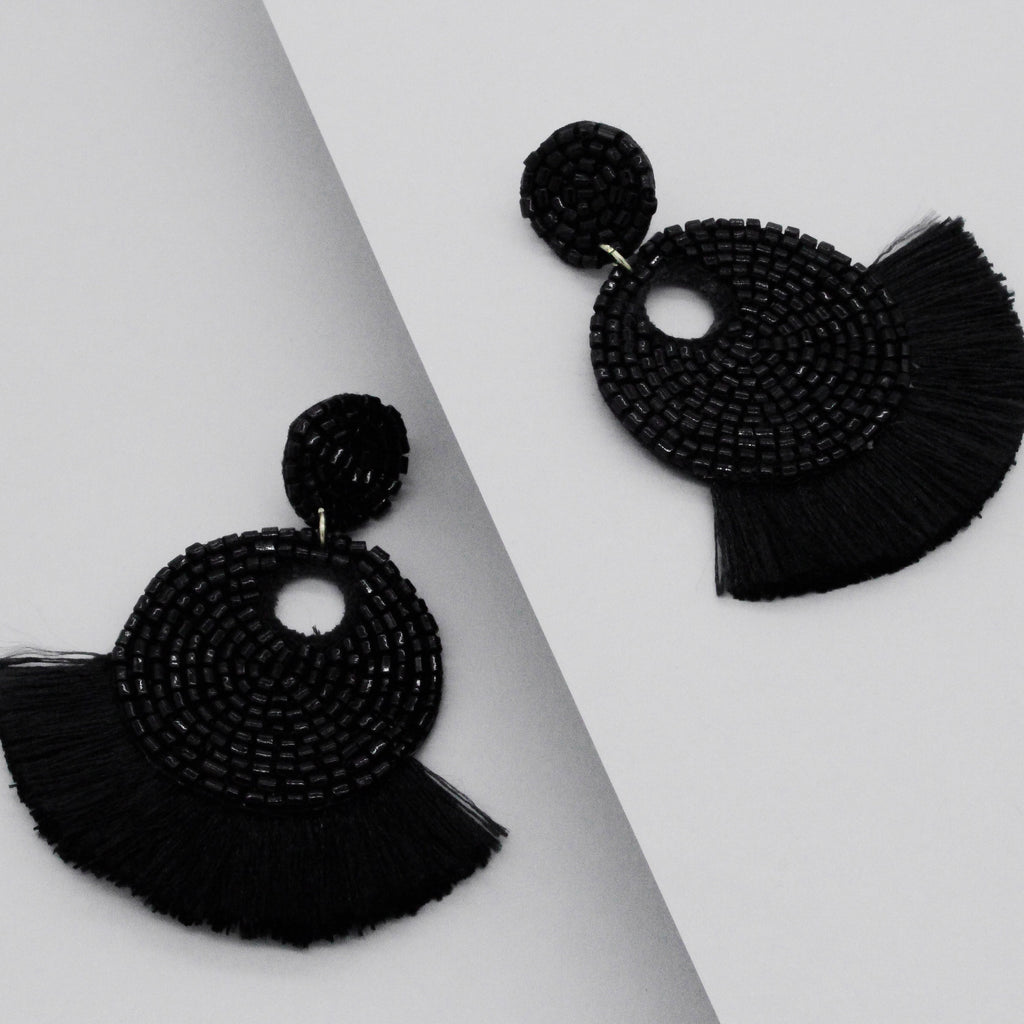 Mini Josie Beaded Tassel Earrings- Black