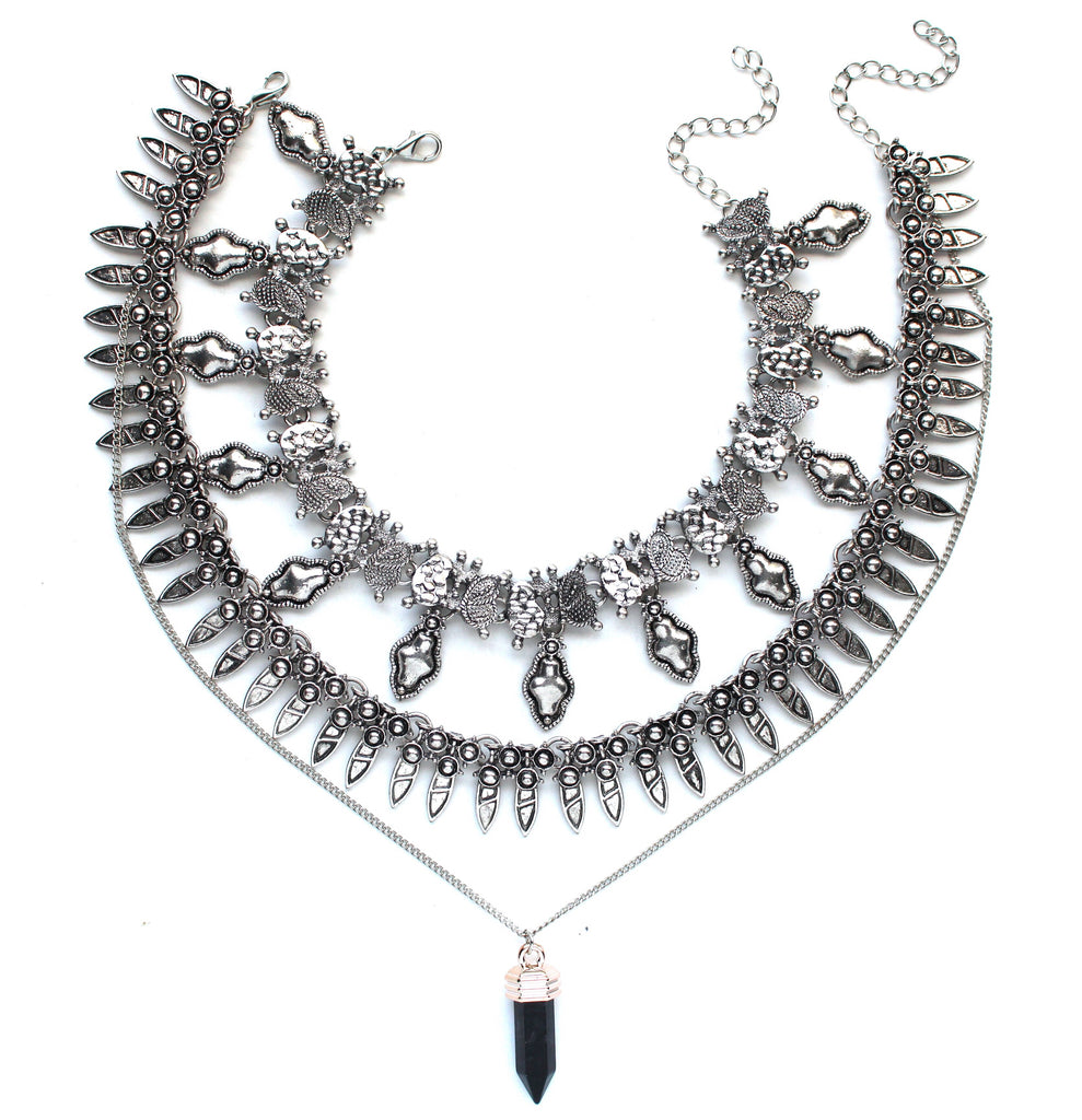 Saffron Metal Layered Choker Necklace Set- Silver