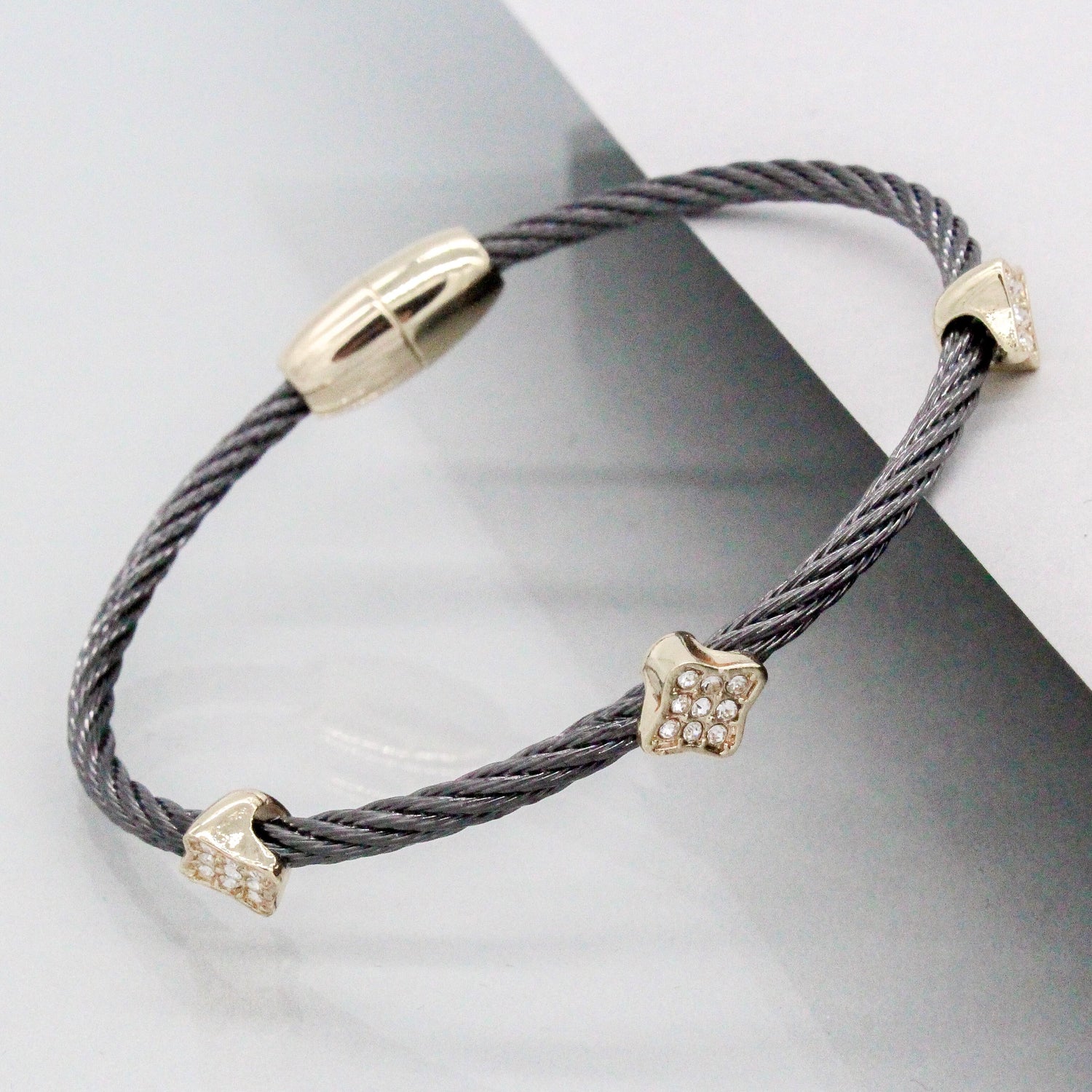 Stack It Up Wire Bangle Bracelet- Gunmetal / Pavé Clover Leaf