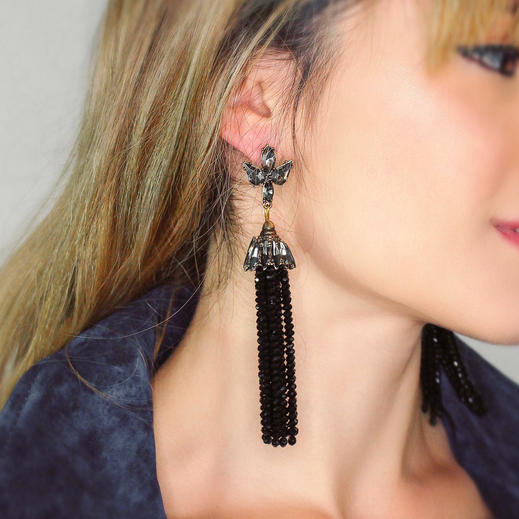Bella Shine Tassel Earrings- Black